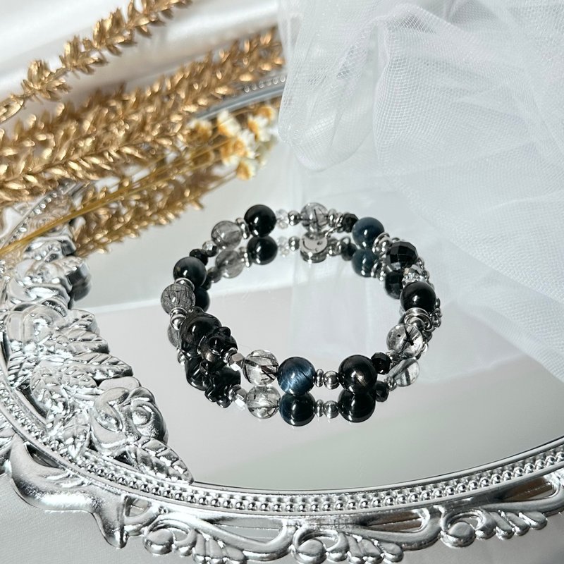 金运石熊熊暴富闪电招财手串 - 金运石招财熊熊、黑发晶、鹰眼石 - 手链/手环 - 水晶 黑色