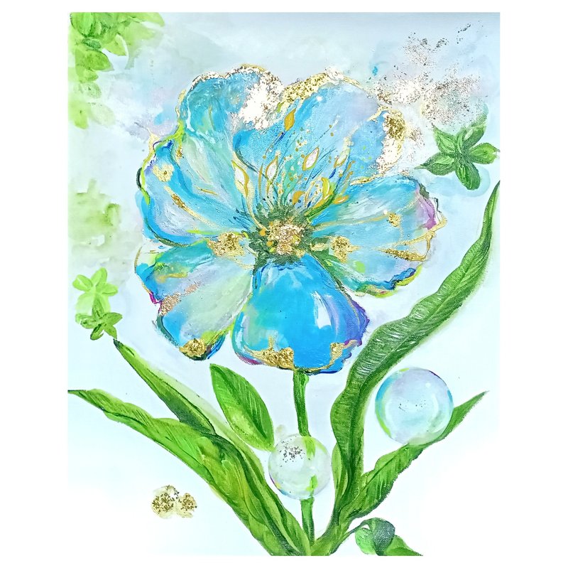 帆布画100%原创金箔花卉绽放手绘花草挂画 - 海报/装饰画/版画 - 棉.麻 蓝色