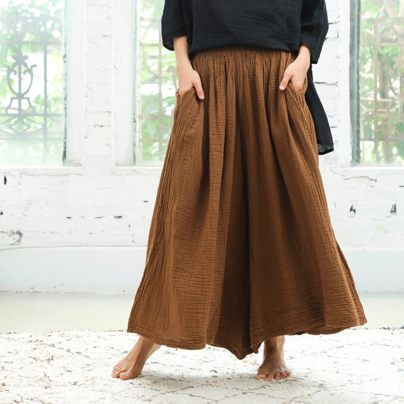 散状大宽裤 / 双层纱 土黄 - 女装长裤 - 棉.麻 咖啡色