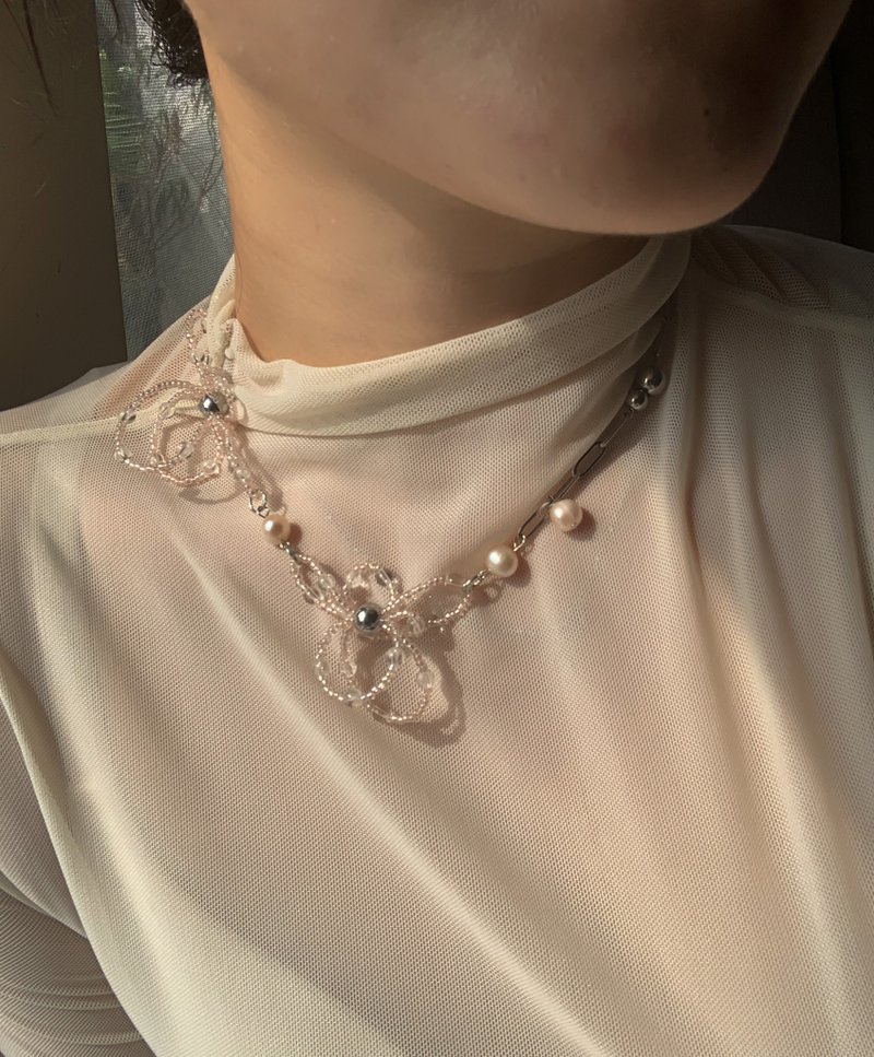 散发花香气息 锁骨链 天然珍珠 浮夸系大花 限量粉色 - 项链 - 不锈钢