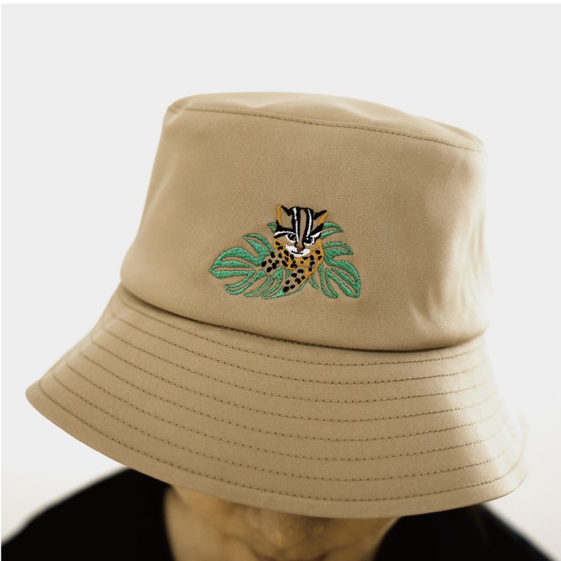 大人款-卡其色调节渔夫帽-吸湿排汗 柔软 动物刺绣 石虎 环保 - 帽子 - 环保材料
