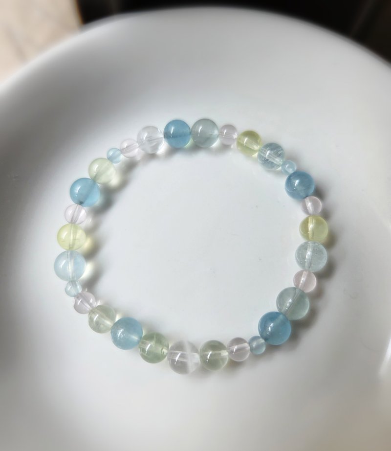 粉晶 海蓝宝 白幽灵 葡萄石 淡蓝萤石 水晶手链 - 手链/手环 - 宝石 蓝色