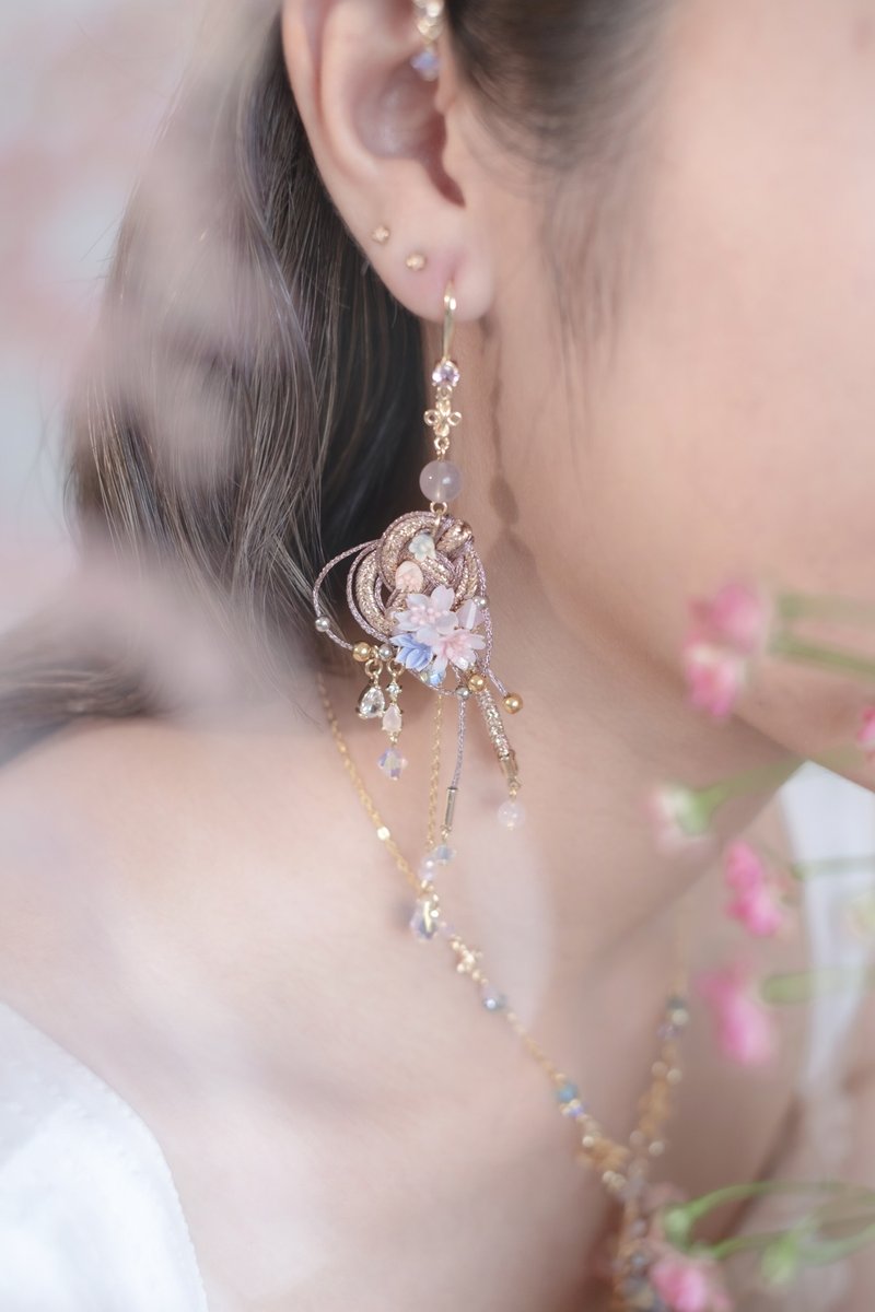 樱编绳结镀14K金耳环 - 耳环/耳夹 - 粘土 粉红色