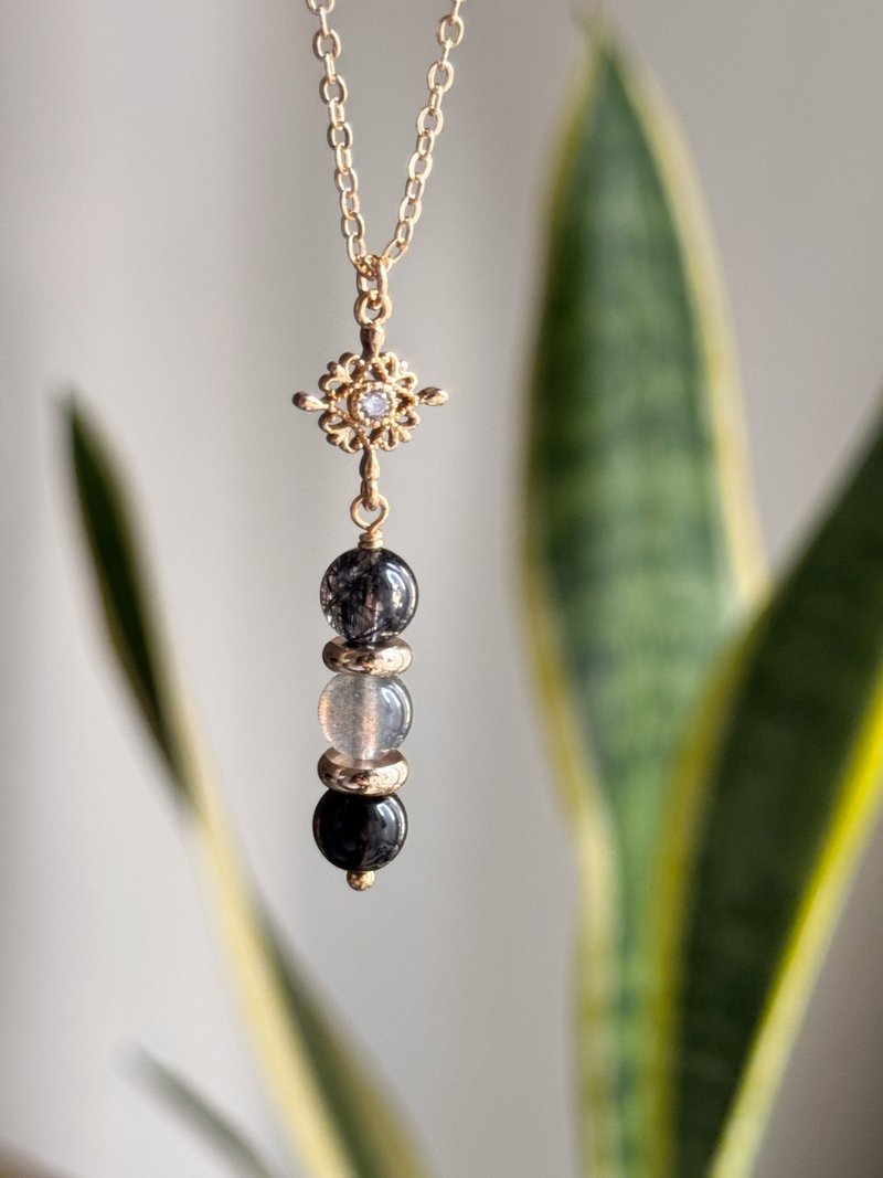 【守护三重奏】天然黑发晶 拉长石 黑碧玺 Ins轻奢项链 附礼盒 - 项链 - 水晶 黑色