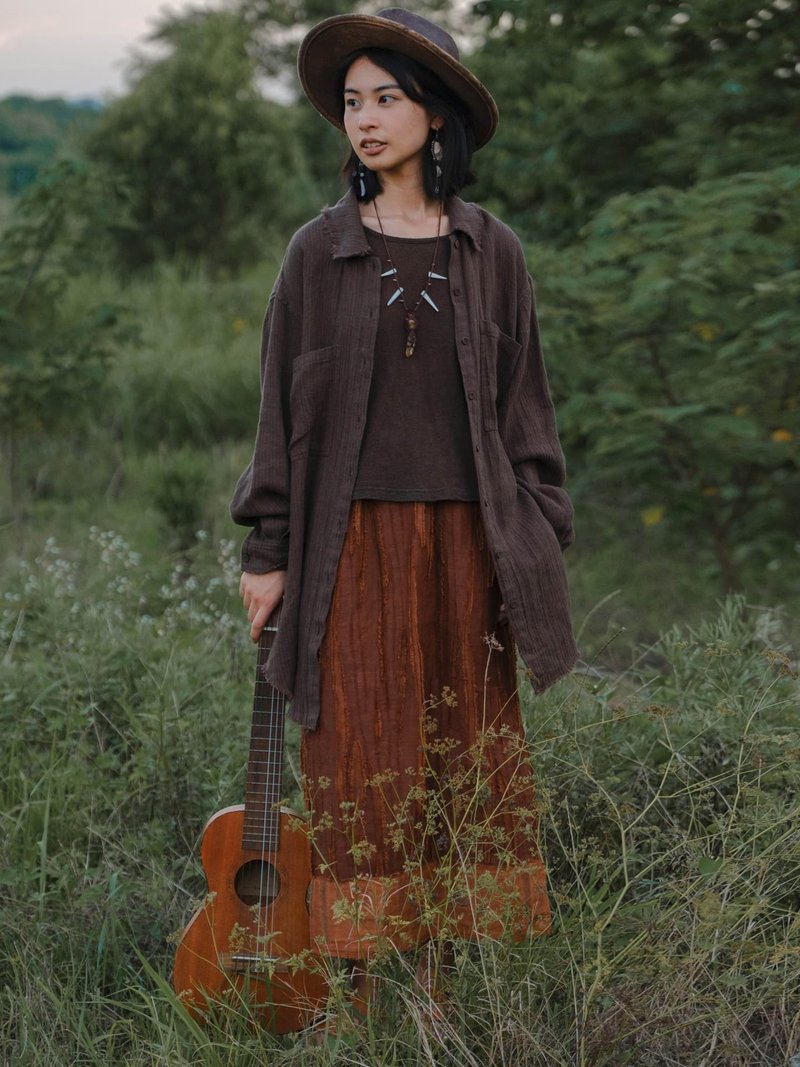 咖啡色 條紋亞麻長袖襯衫 寬松復古百搭長款襯衣 - 女装衬衫 - 棉.麻 咖啡色