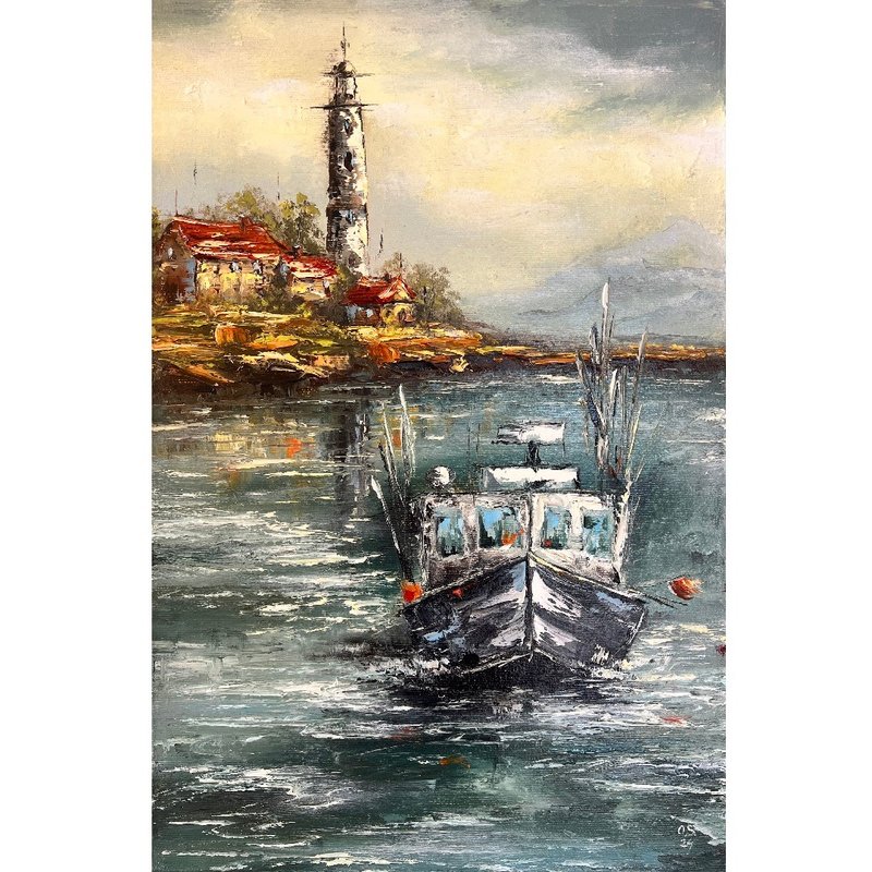 船画灯塔艺术品原创艺术画布 60x40 厘米 - 海报/装饰画/版画 - 棉.麻 多色