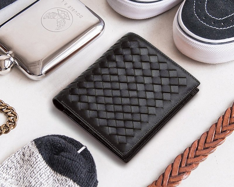 超薄编织皮革钱包 真皮短夹长夹 羊皮钱夹 信用卡包名片夹 男女皆 - 皮夹/钱包 - 真皮 黑色