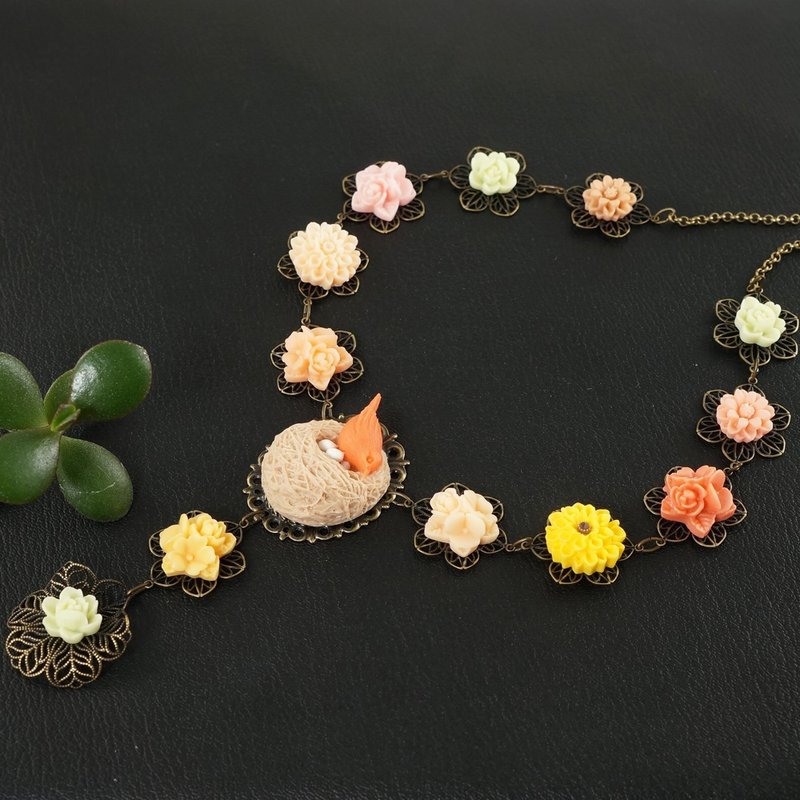 Bird Nest Floral Peony Aster Flower Orange Beige Yellow Pink Y Necklace Jewelry - 项链 - 其他材质 橘色