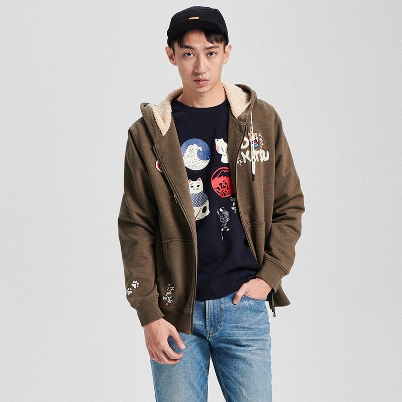 江户胜 日系 男装 太郎笑羔羊防寒连帽外套(中灰色) #上衣#外套 - 男装外套 - 棉.麻 灰色