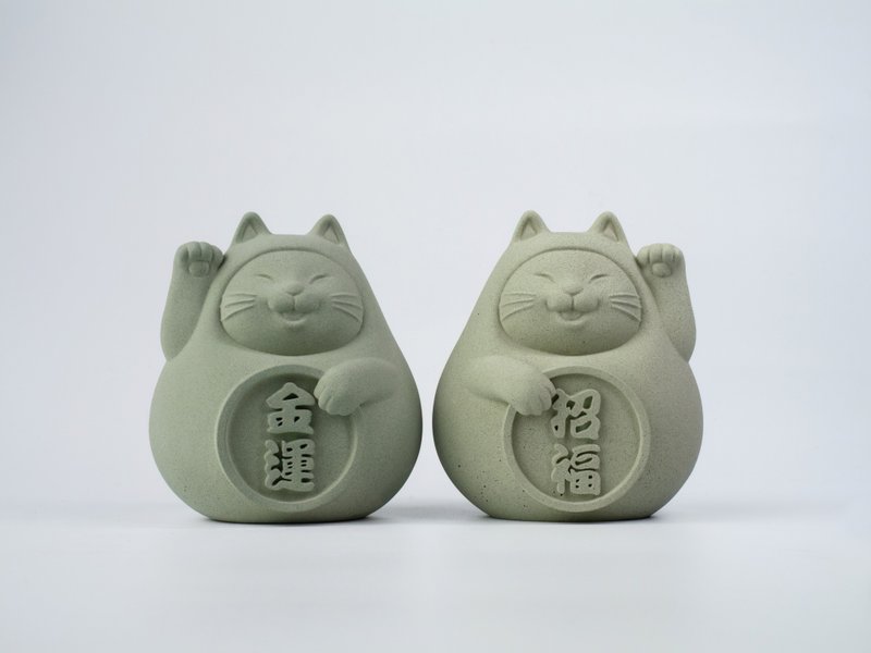 【办公室摆件首选】胖胖招财招福猫一对(中) 健康绿 - 香薰/精油/线香 - 水泥 绿色