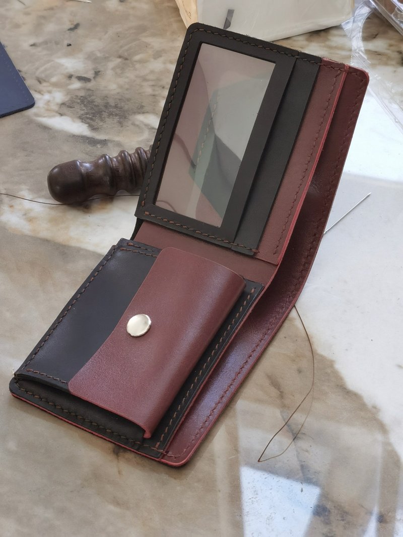 拼色零钱袋短夹银包 DIY手缝皮革材料包/完成品 定制礼物铜模刻字 - 皮件 - 真皮