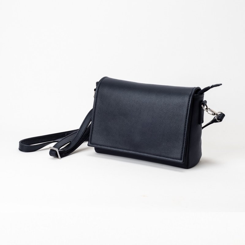 翻盖拉链侧背包 - 黑色 - 侧背包/斜挎包 - 人造皮革 黑色