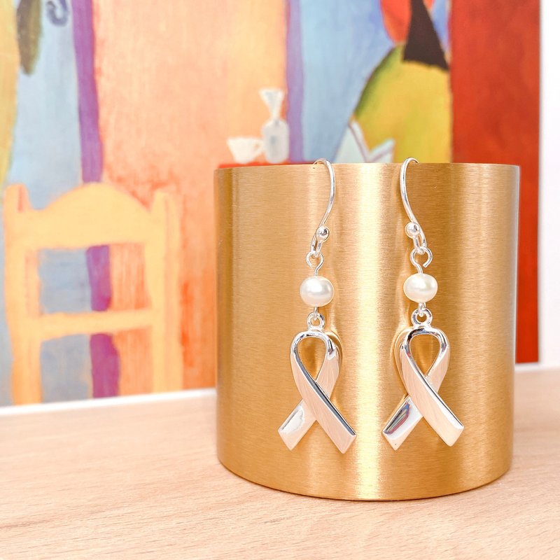 纯银 丝带 925 防敏感 淡水珍珠 耳环 - 耳环/耳夹 - 银 银色