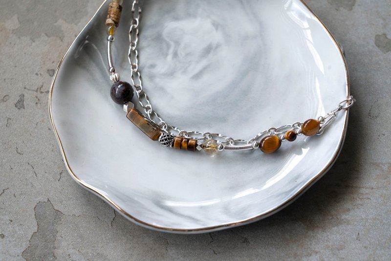 秋雨 - 虎眼石 彼得石 金发晶 图画石 925纯银 手链 - 手链/手环 - 半宝石 咖啡色