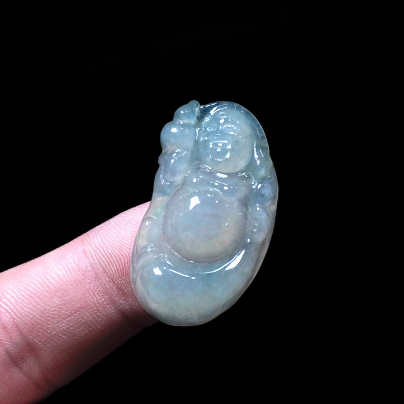 冰种翡翠精雕布袋弥勒佛 | 天然缅甸玉翡翠A货 | 送礼 - 吊饰 - 玉石 透明