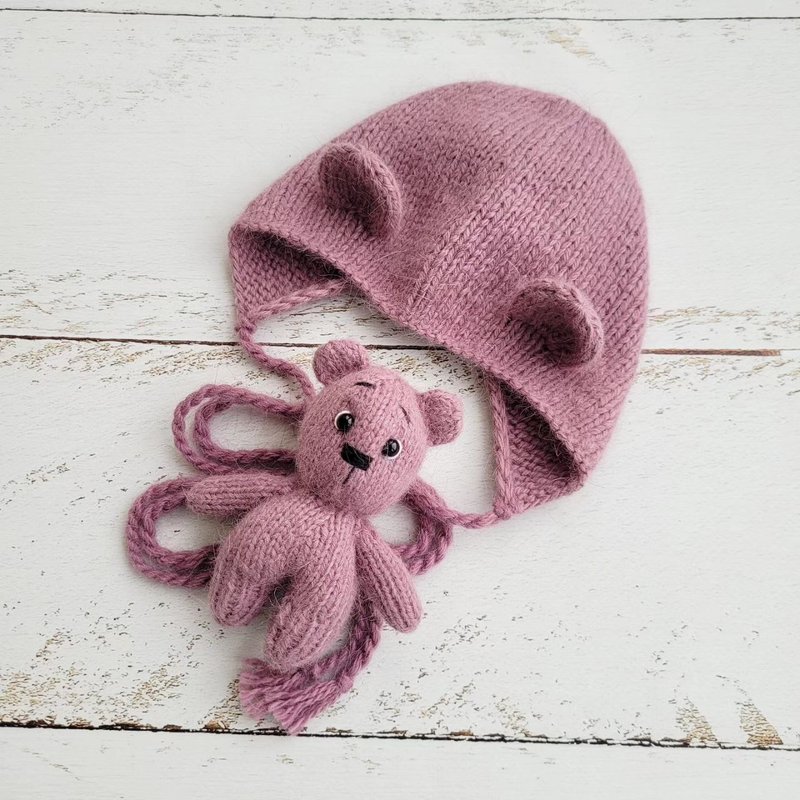 新生儿紫丁香粉红熊帽与绒毛玩具,针织婴儿拍照道具 - 婴儿饰品 - 羊毛 粉红色