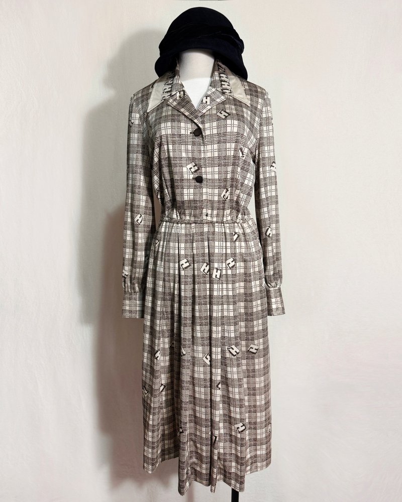 复古格纹长袖古着洋装/ 国外带回 VINTAGE - 洋装/连衣裙 - 聚酯纤维 咖啡色