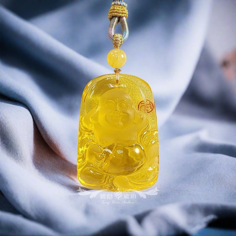 腾彪琥珀 天然琥珀蜜蜡 净水琥珀 大师精雕 弥勒赐幅 典藏 项链坠 - 项链 - 半宝石 黄色