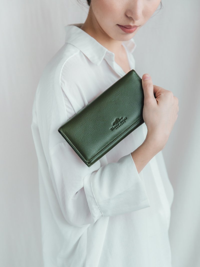 POPPY - WOMAN LONG LEATHER WALLET-DARK GREEN - 皮夹/钱包 - 真皮 绿色