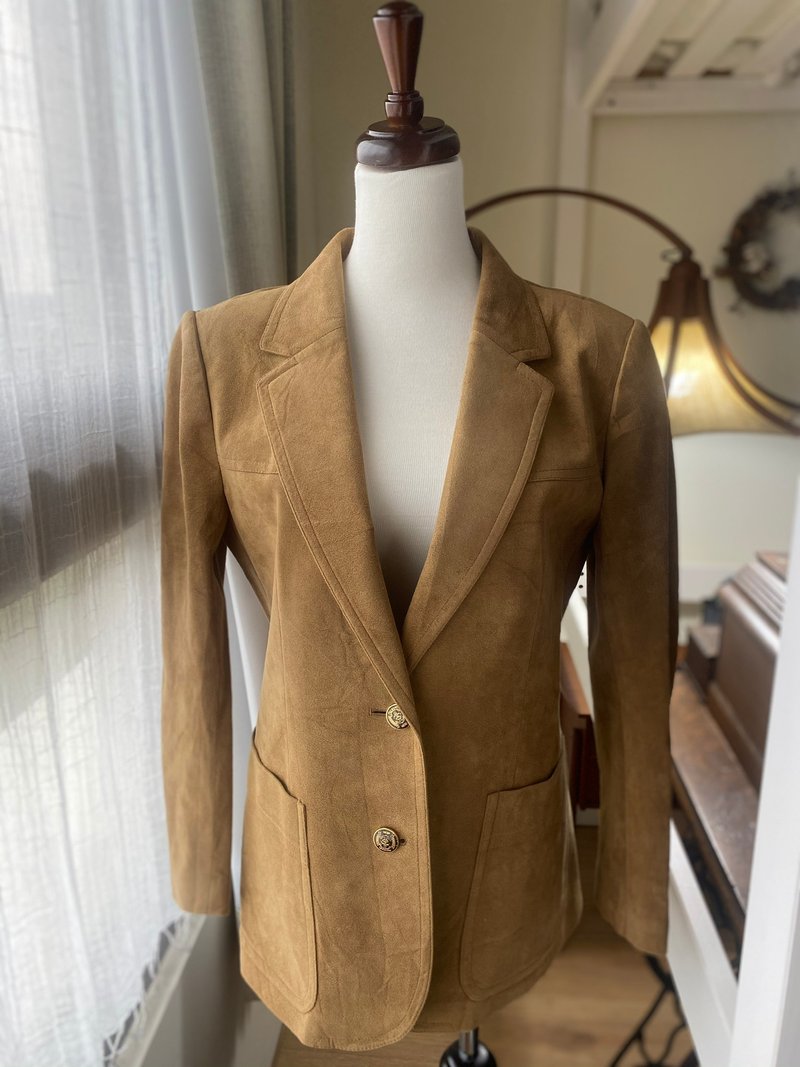 罕见人造皮革西服古着外套 - 女装西装外套/风衣 - 聚酯纤维 卡其色
