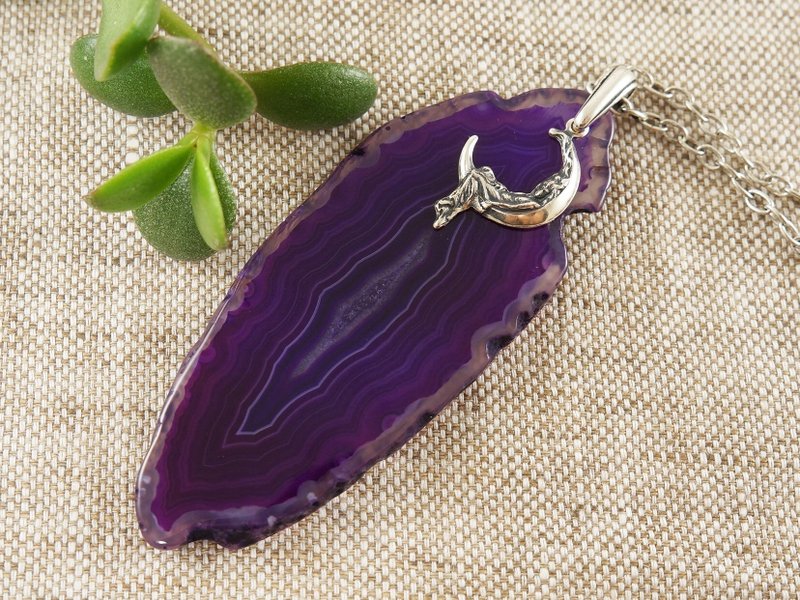 Purple Agate Slice Necklace Ultraviolet Agate Slab Moon Pendant Necklace Jewelry - 项链 - 半宝石 紫色