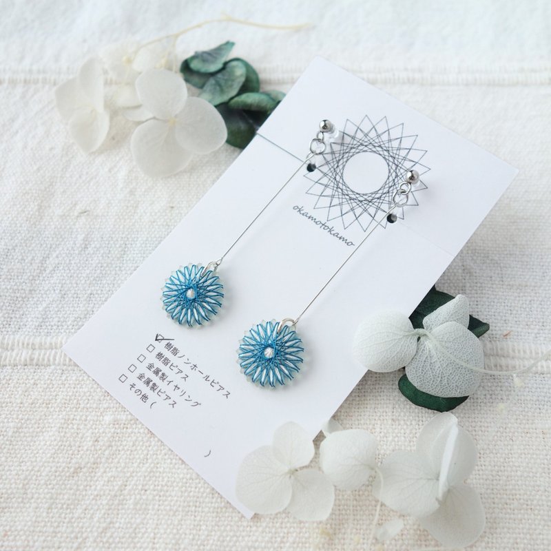 绢线制 摇曳小花垂坠耳环 / 耳夹 | 蓝色款 | 包邮 - 耳环/耳夹 - 丝.绢 蓝色