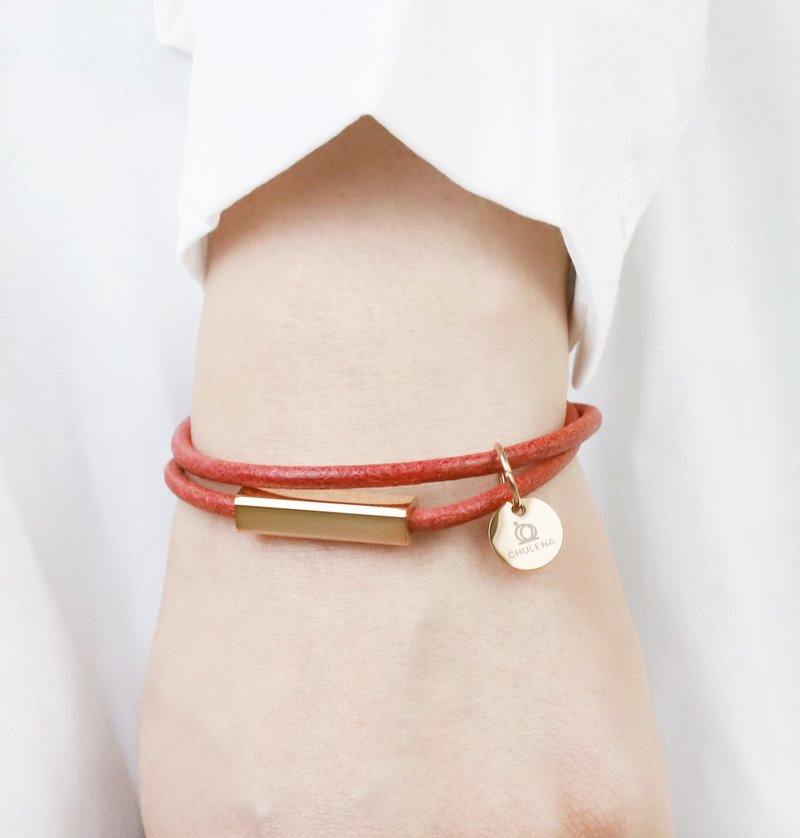 【定制】双圈真皮圆皮绳手环_玫瑰金 (3色) /可刻字 - 手链/手环 - 真皮 红色