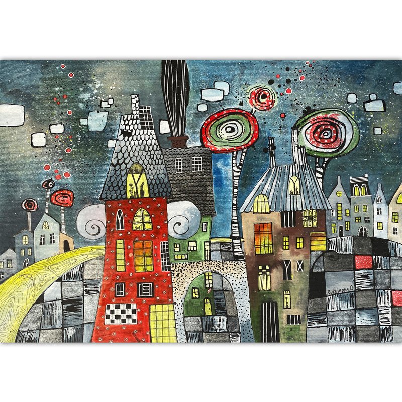 童话城市画作 奇幻原创艺术 水彩壁挂艺术 多彩艺术品 - 海报/装饰画/版画 - 纸 多色