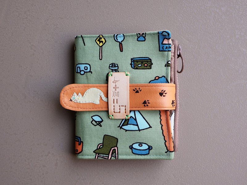 【fabric wallet】卷曲猫咪  布短夹/中短夹 - 皮夹/钱包 - 棉.麻 蓝色