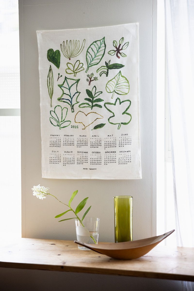 现货 - Mogu Takahashi 联名款 2026 年历/挂布 - 绿色植物 - 年历/台历 - 亚麻 绿色
