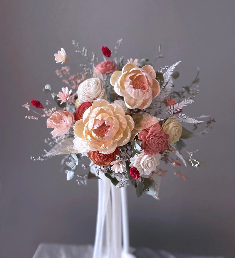 【干燥花】黄橘粉色系牡丹索拉自然半圆形干燥花捧花 - 干燥花/捧花 - 植物.花