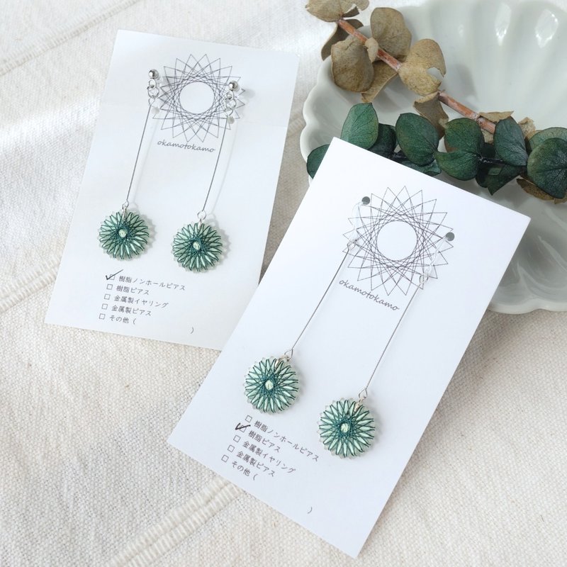 绢线制 摇曳小花垂坠耳环 / 耳夹 | 绿色 | 包邮 - 耳环/耳夹 - 丝.绢 绿色