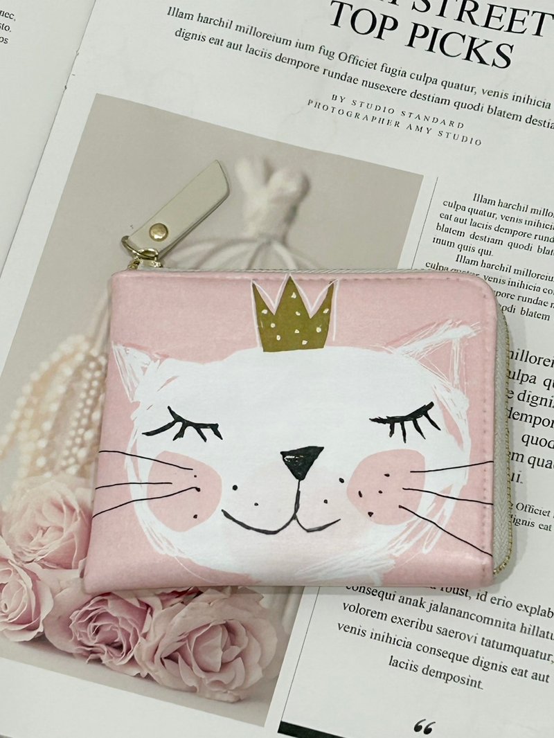 【L型短夹】猫 L型拉链短夹 轻薄 零钱包卡包 皮包 钱包 短夹 - 皮夹/钱包 - 防水材质