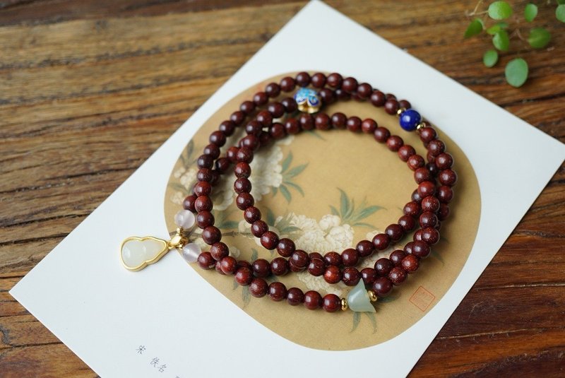 6mm天然原生小叶紫檀木 和田玉元宝葫芦设计多圈手串项链s - 手链/手环 - 木头 咖啡色