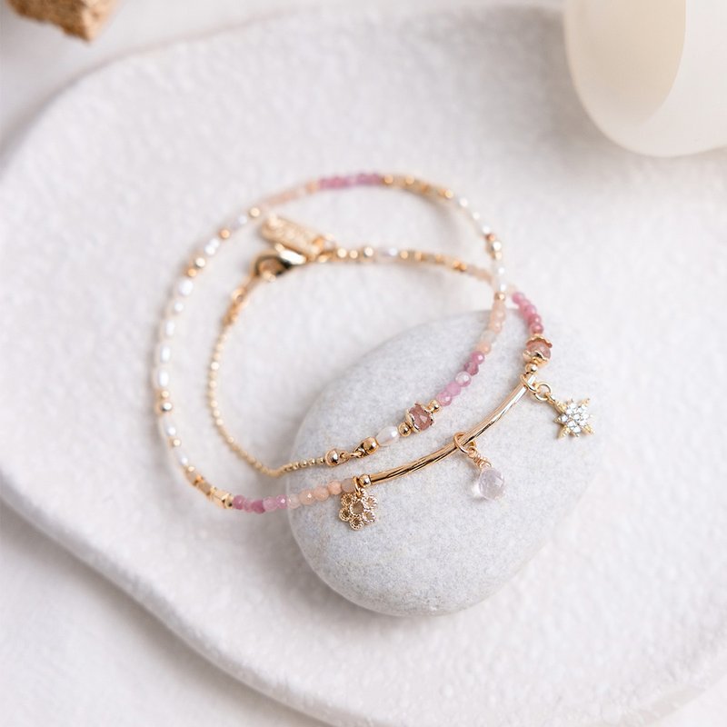 桃花 x 粉碧玺 粉晶 太阳石 诞生石【洋蓍草 • 治愈】双层手链 - 手链/手环 - 宝石 粉红色
