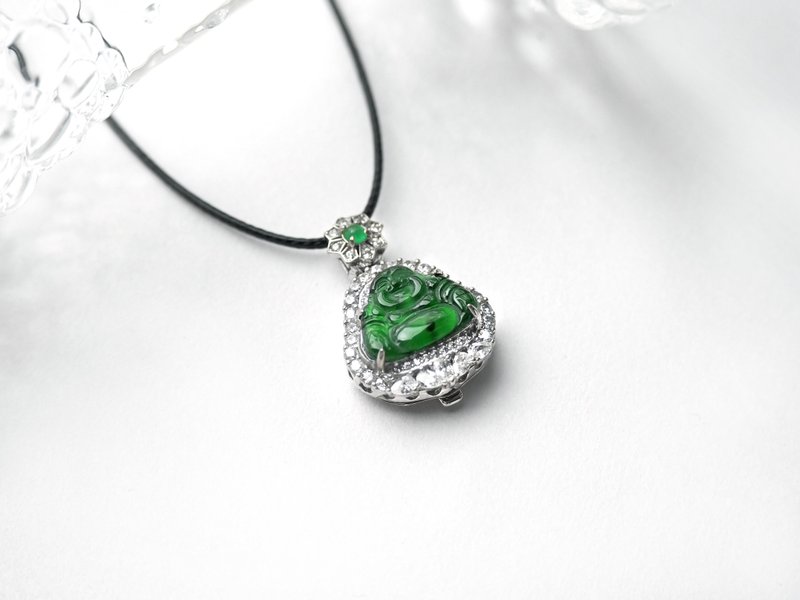 多福常乐 | 冰种阳绿翡翠弥勒佛 / 佛公 | 天然翡翠玉佩 - 项链 - 玉石 绿色