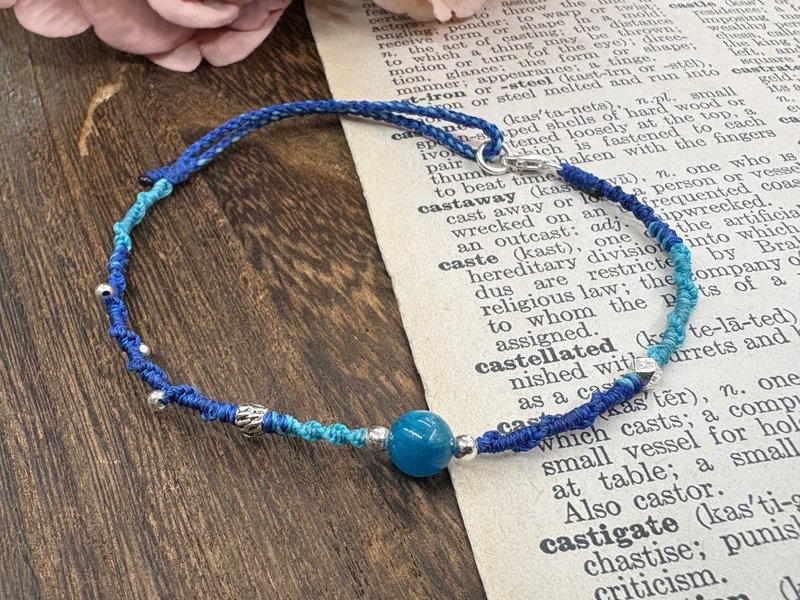 蓝磷灰 蜡线编织脚绳  自信 沟通 勇气 - 手链/手环 - 纯银