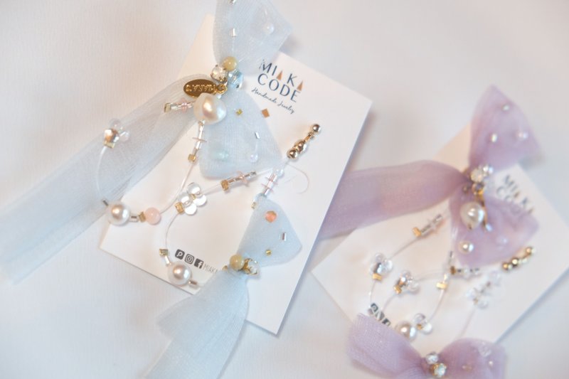 手工耳环 — 手缝穿珠 天蓝色薄纱 蝴蝶结 耳环/耳夹 - 耳环/耳夹 - 其他材质 蓝色