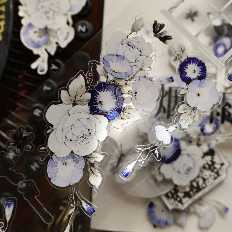 壹洱文創新品切模【推窗見花】 和紙膠復古花卉手賬PET貼紙 - 纸胶带 - 其他材质 蓝色