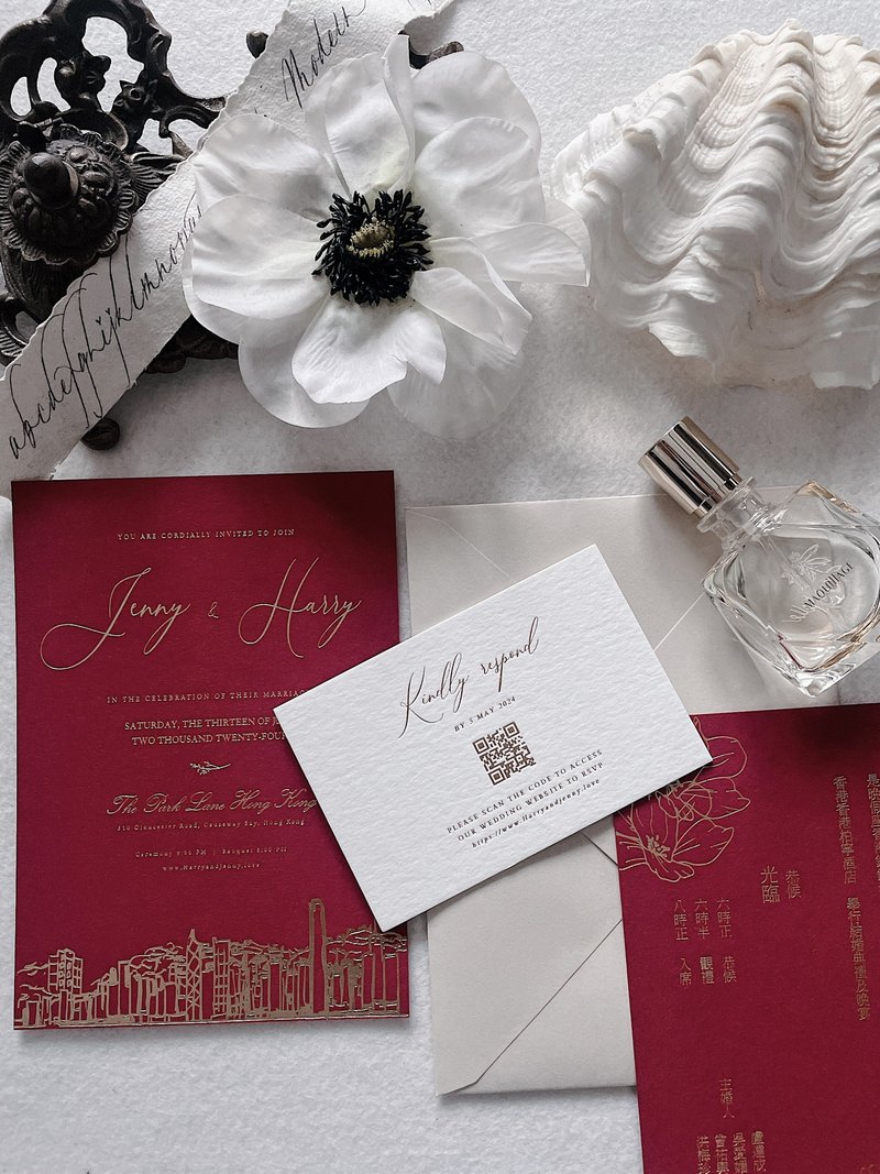 【婚礼喜帖】烫金酒红喜帖 + RSVP 卡- 手绘香港设计 600gm复古棉 - 喜帖 - 纸 红色