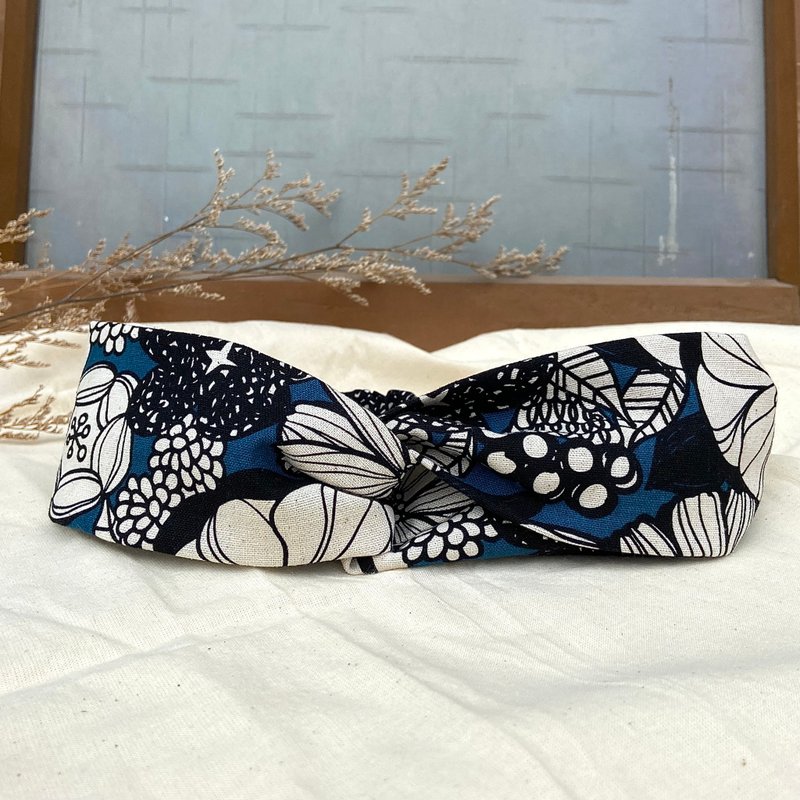 发带/交叉发带/高雅线条花-蓝 - 发带/发箍 - 棉.麻 多色