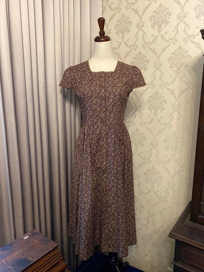 欧式碎花少女短袖古着洋装 - 洋装/连衣裙 - 棉.麻 咖啡色