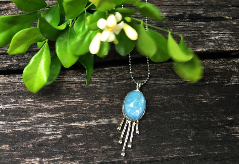 湖雨 坠饰 宝石纯银手工项链 - 项链 - 水晶 蓝色