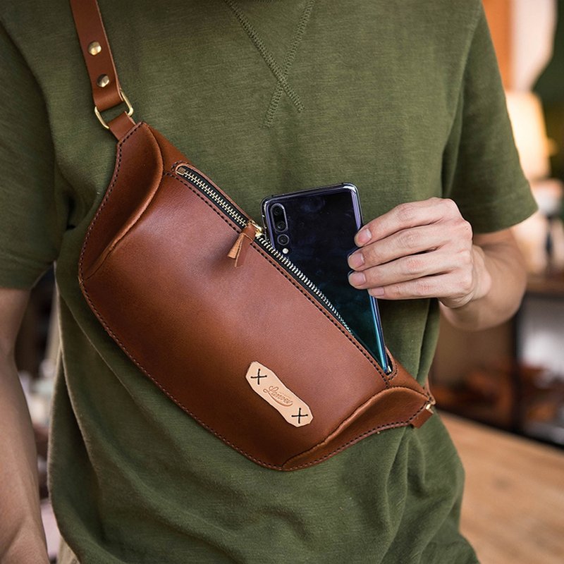 牛皮腰包 随身胸包 手缝机车包 斜挎单肩包 侧背包 旅行运动 礼物 - 侧背包/斜挎包 - 真皮