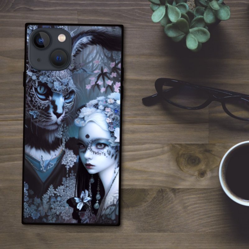 暗黑歌德风狮子人与美丽女巫及花朵 方形手机壳【强化玻璃处理】适用于 iPhone16 - 手机壳/手机套 - 塑料 多色