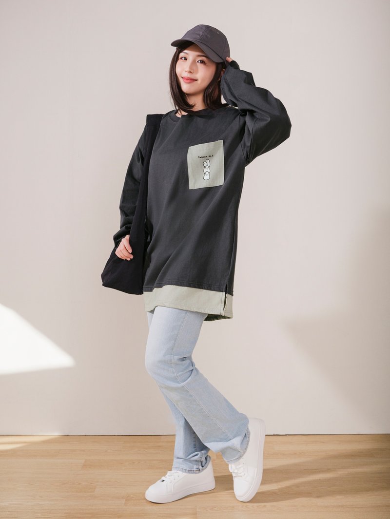 层次感oversized 中性口袋衣-麻糬兔101 - 女装上衣 - 棉.麻 灰色