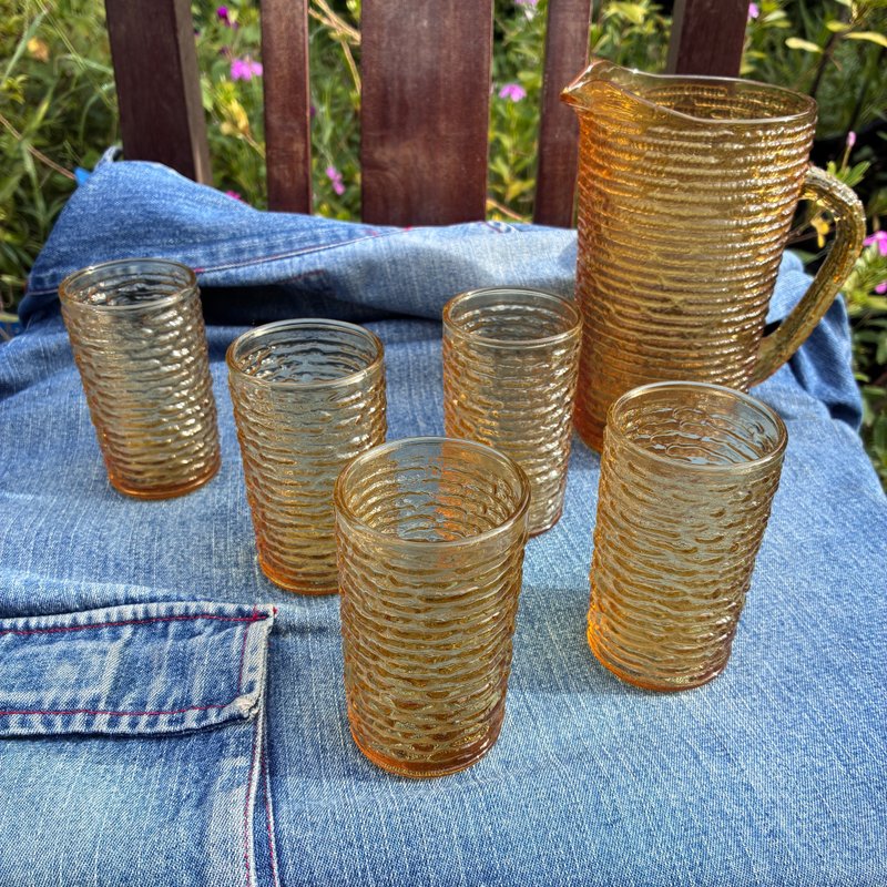 1950年代 法国蓝色压制玻璃冰淇淋杯 - 玻璃杯 - 玻璃 黄色