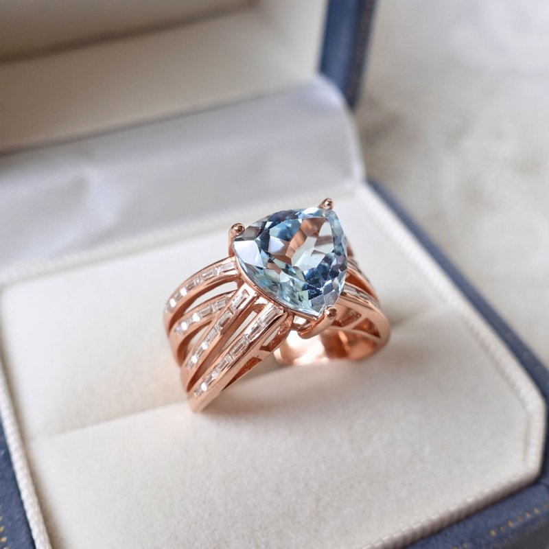 精致切工 托帕石 柔美玫瑰金 纯银戒 设计师订制款 优雅知性 礼物 - 戒指 - 纯银 蓝色