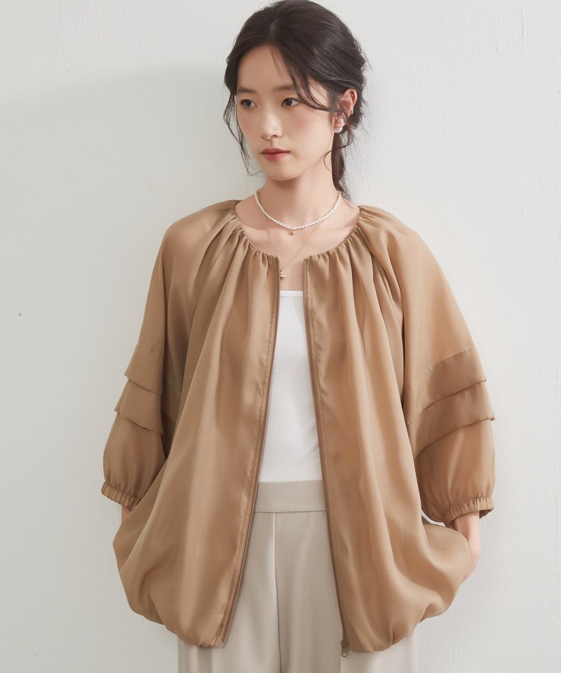 轻透短版抽绳外套・下摆抽皱设计ZIP开襟外套 - 女装休闲/机能外套 - 聚酯纤维 咖啡色