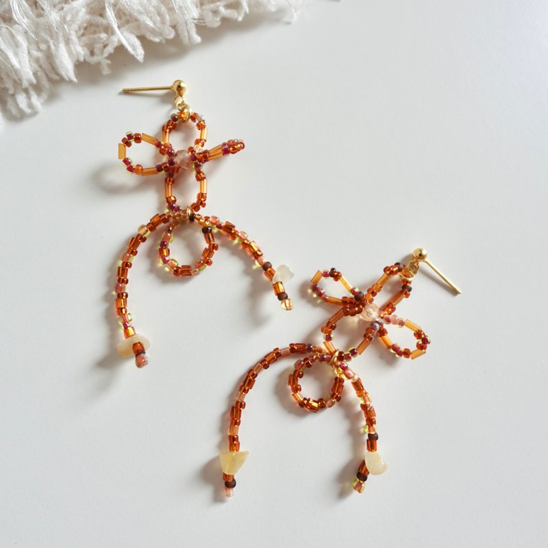 Lily Valley 复古蜜橙 | 手工串珠耳环 - 耳环/耳夹 - 半宝石 咖啡色